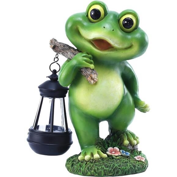Frog Garden Decor with Solar Lantern, Resin Frog Statue with Solar Lights - Picture 1 of 7